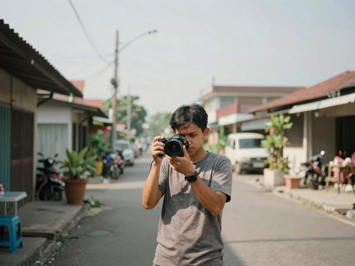 Jurnalis lapangan memotret peristiwa di jalan permukiman, kamera