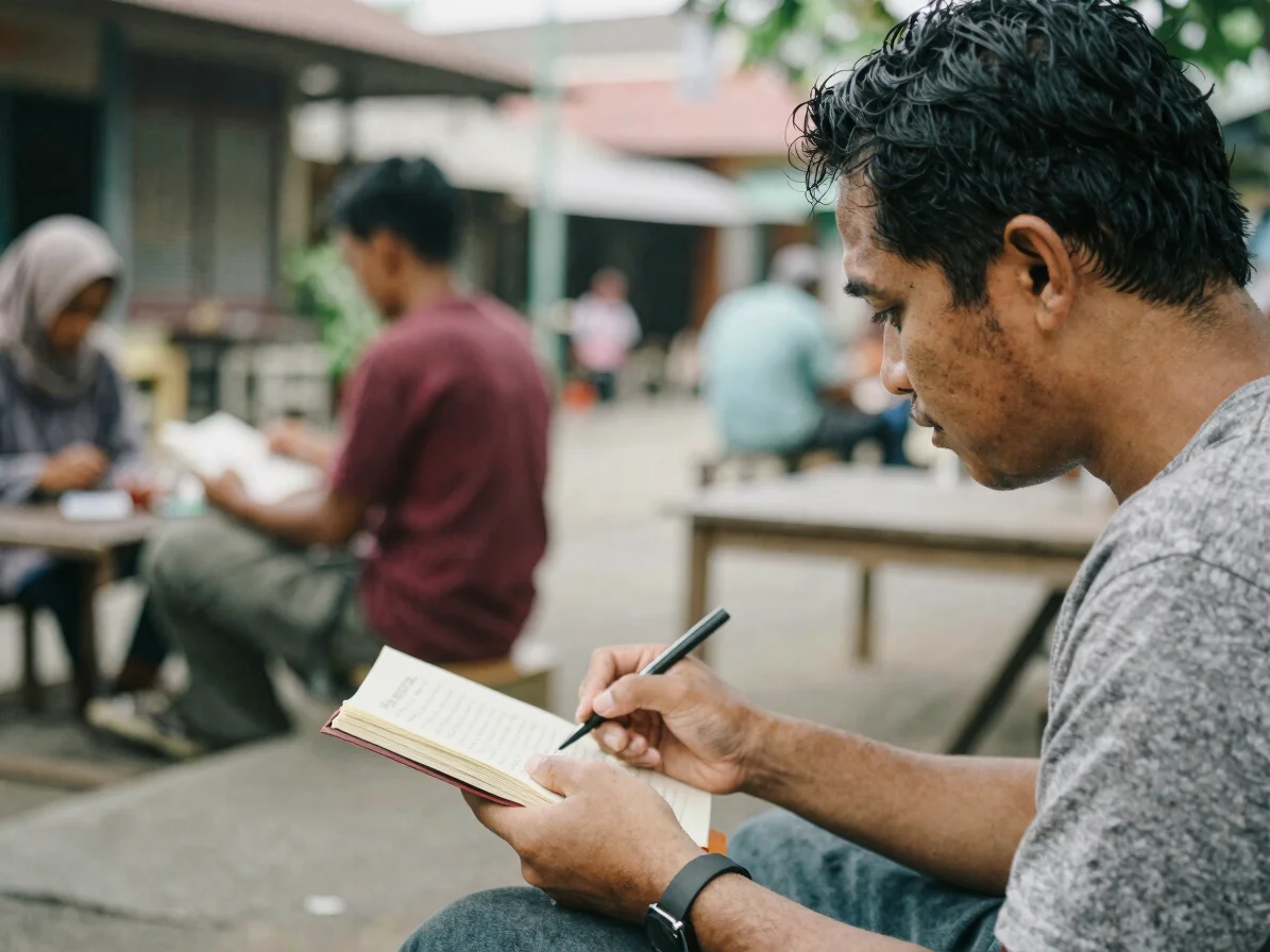 Tangan jurnalis menulis catatan wawancara di buku kecil dengan la