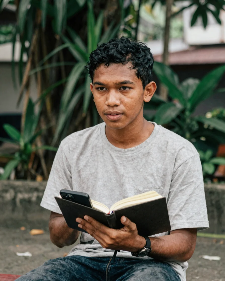 Jurnalis muda mencatat hasil wawancara di permukiman tepi kota, t